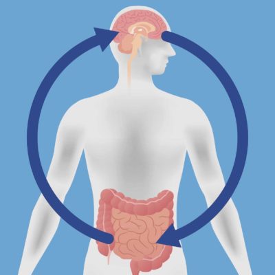 Illustration of man showing arrows between mind and gut, showcasing how food may have an impact on anxiety.
