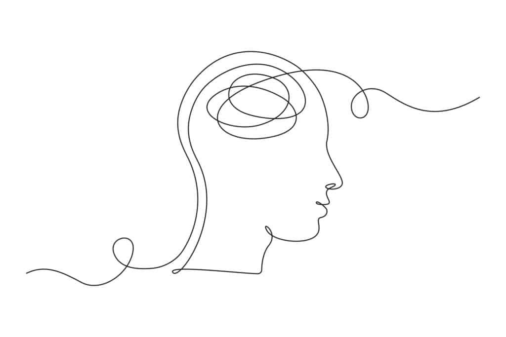 Continuous one line drawing on white background of a person’s head with a squiggly line in brain, showing that anxiety is not all “in your head.”