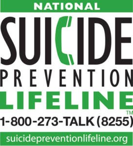 Suicide Prevention Lifeline logo showing 1-800-273-TALK (8255) to call if you are in crisis