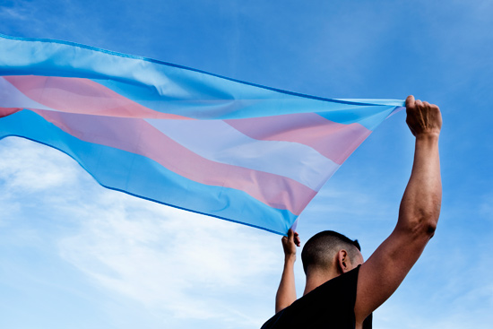 Young person holds a transgender pride flag against a clear, blue sky.