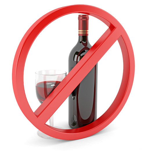Bottle and glass of red wine with a red circle and line across it, signifying not to drink while taking antidepressants.