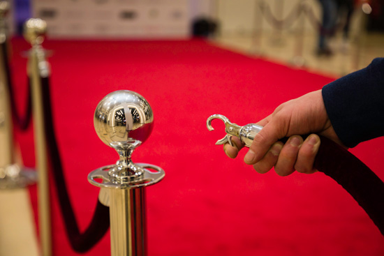 Person holding velvet rope while standing on red carpet in hollywood