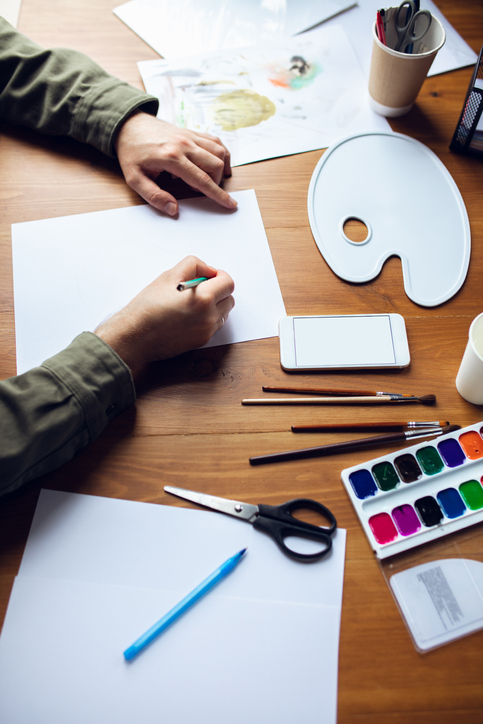 Art supplies that may be used during an art therapy session.