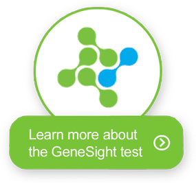 Button with GeneSight logo and text learn more about the GeneSight test