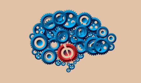 Illustration of blue gears arranged in the shape of a brain with one broken gear in red