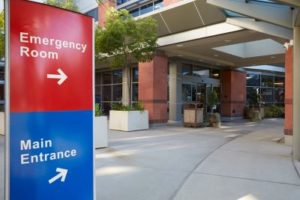 Emergency room entrance of modern hospital building with signs illustrating concept of when to seek psychiatric treatment at ER