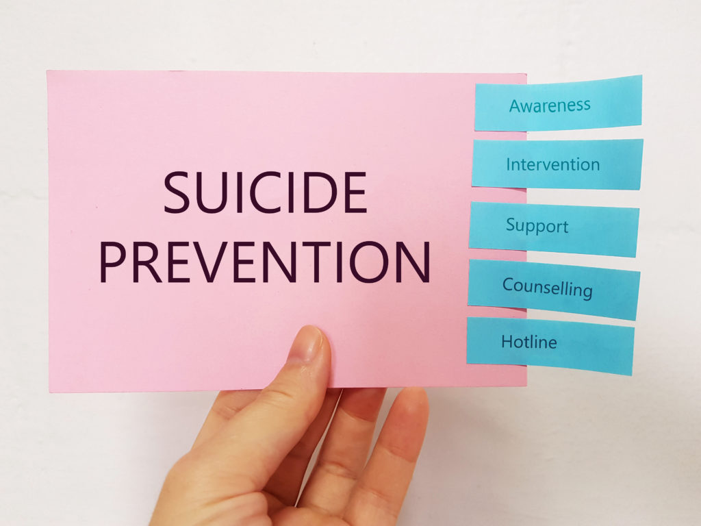 Hand holding a pink card that says, “SUICIDE PREVENTION” and blue tabs saying awareness, intervention, support, etc.