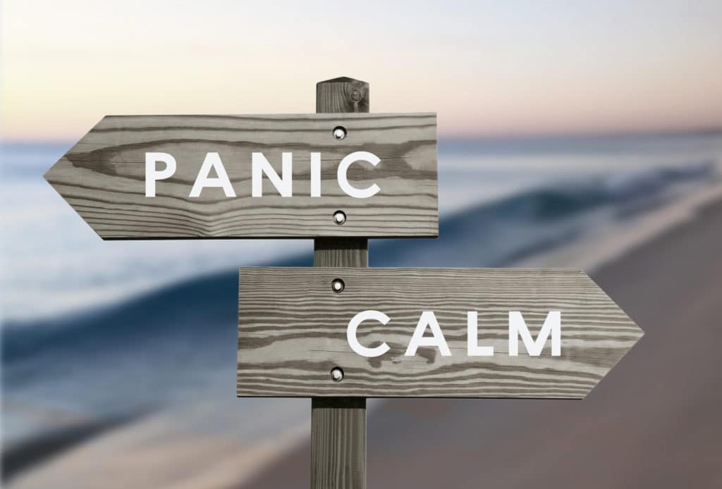 Two wooden arrows pointing in opposite direction on a post on a beach – one says panic and the other says calm.