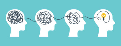 An illustration showing four outlines of a head – the first one shows a tangled knot with each successive one slowly unraveling to a light bulb in the final. 
