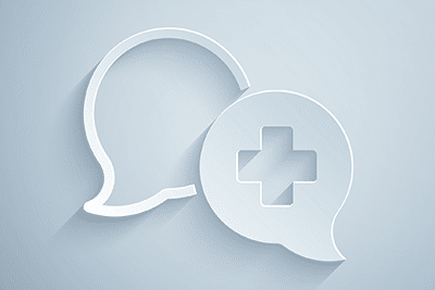 Paper cut dialogue icons with the doctor icon in one bubble, showing importance of communicating with patients