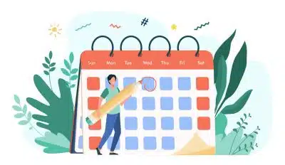 Drawing of a man with oversized pencil circling a date on the calendar, illustrating mental health activities you can do