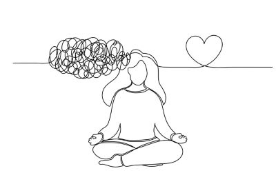 Line drawing of woman meditating with scrambled thoughts becoming heart, showing how at-home mental health exercises may help
