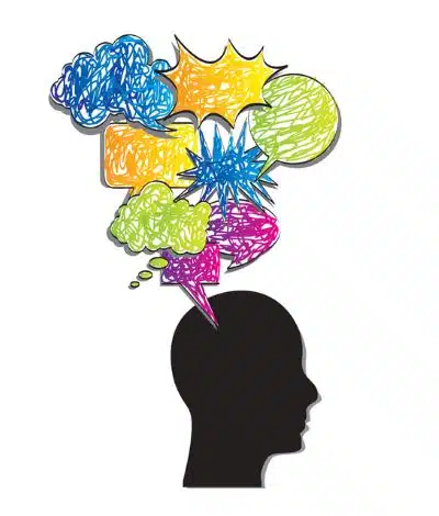 Drawing of a silhouette of a person’s head with brightly colored squiggles inside of thought bubbles, illustrating concept of passive suicidal thoughts.