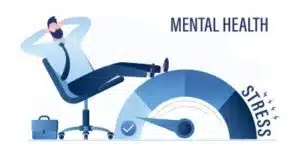 Drawing of man napping on an office chair while resting feet on a gauge showing stress reduction