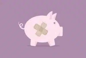 Drawing of a piggy bank with band aids over the cracks, showing how holiday overspending may lead to poor mental health