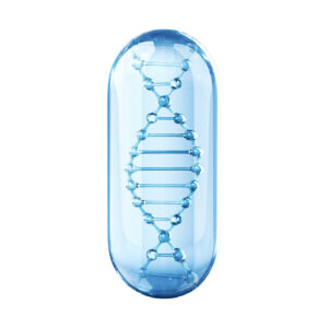 DNA inside a medical capsule, illustrating the connection between genes and medication.