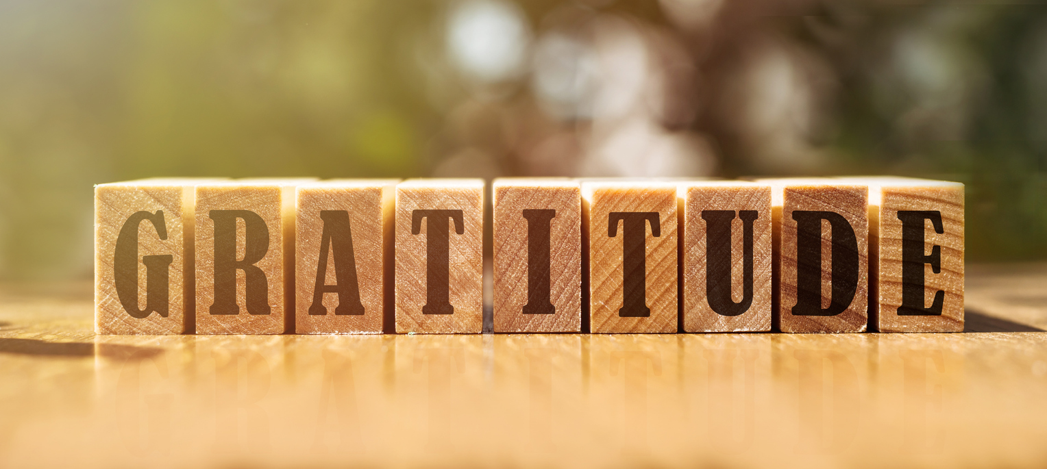 The word “GRATITUDE” written on wooden blocks on outdoor table.