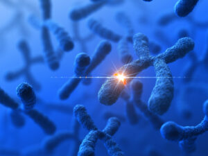Blue 3D rendering of chromosome illustrating the concept of chromosomal abnormalities.
