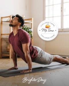 Young man of color in a yoga pose as part of the Brighter Days challenge for mental health