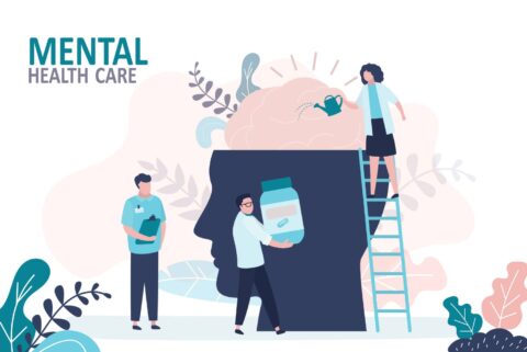 Illustration of what mental health care may include with clinician overseeing, HCP on stair “watering your brain,” and a third holding medications. 