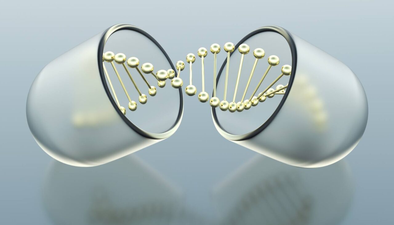 Open pill capsule representing antidepressants with a strand of dna inside, representing the way genes and medications work together.